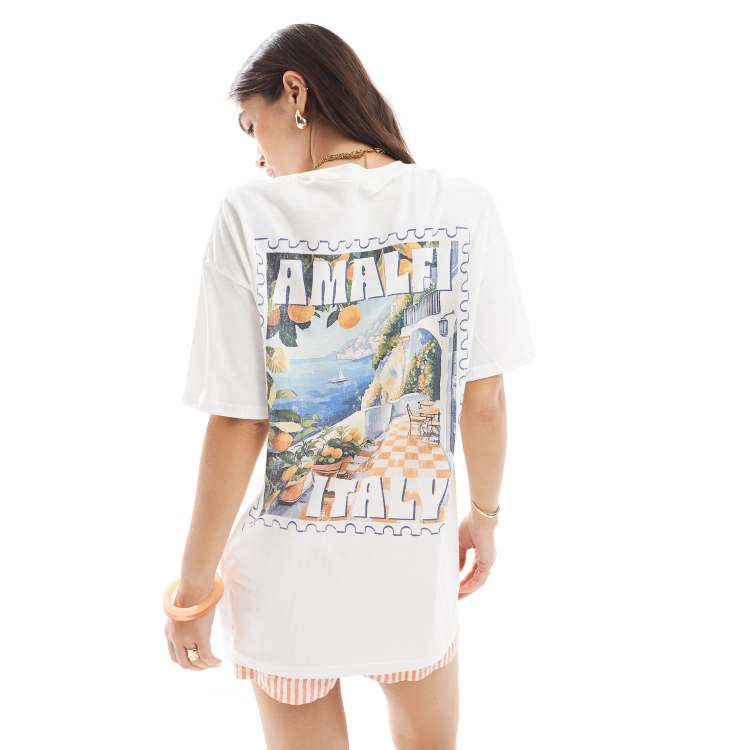 Miss Selfridge oversized amalfi summer graphic tee in white