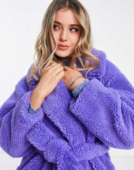 Miss Selfridge oversized belted faux fur coat in purple