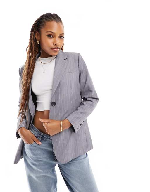 Miss Selfridge oversized blazer in gray pinstripe | ASOS