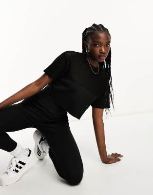 Miss Selfridge oversized boxy short sleeve crop T-shirt with fishnet panel in black - part of a set