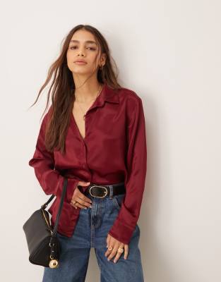 Miss Selfridge oversized button down satin shirt in burgundy-Brown