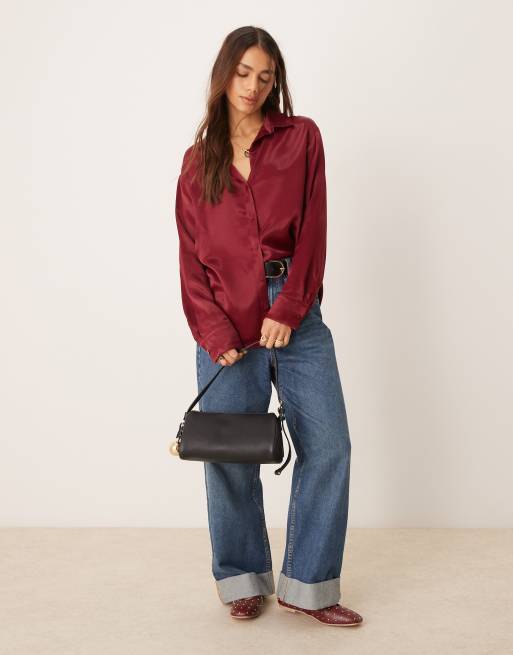 Miss Selfridge oversized button down satin shirt in burgundy, 2 of 4