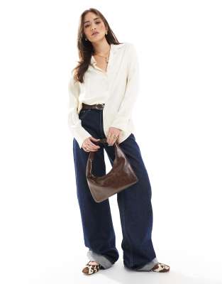 oversized button down satin shirt in buttercream-White