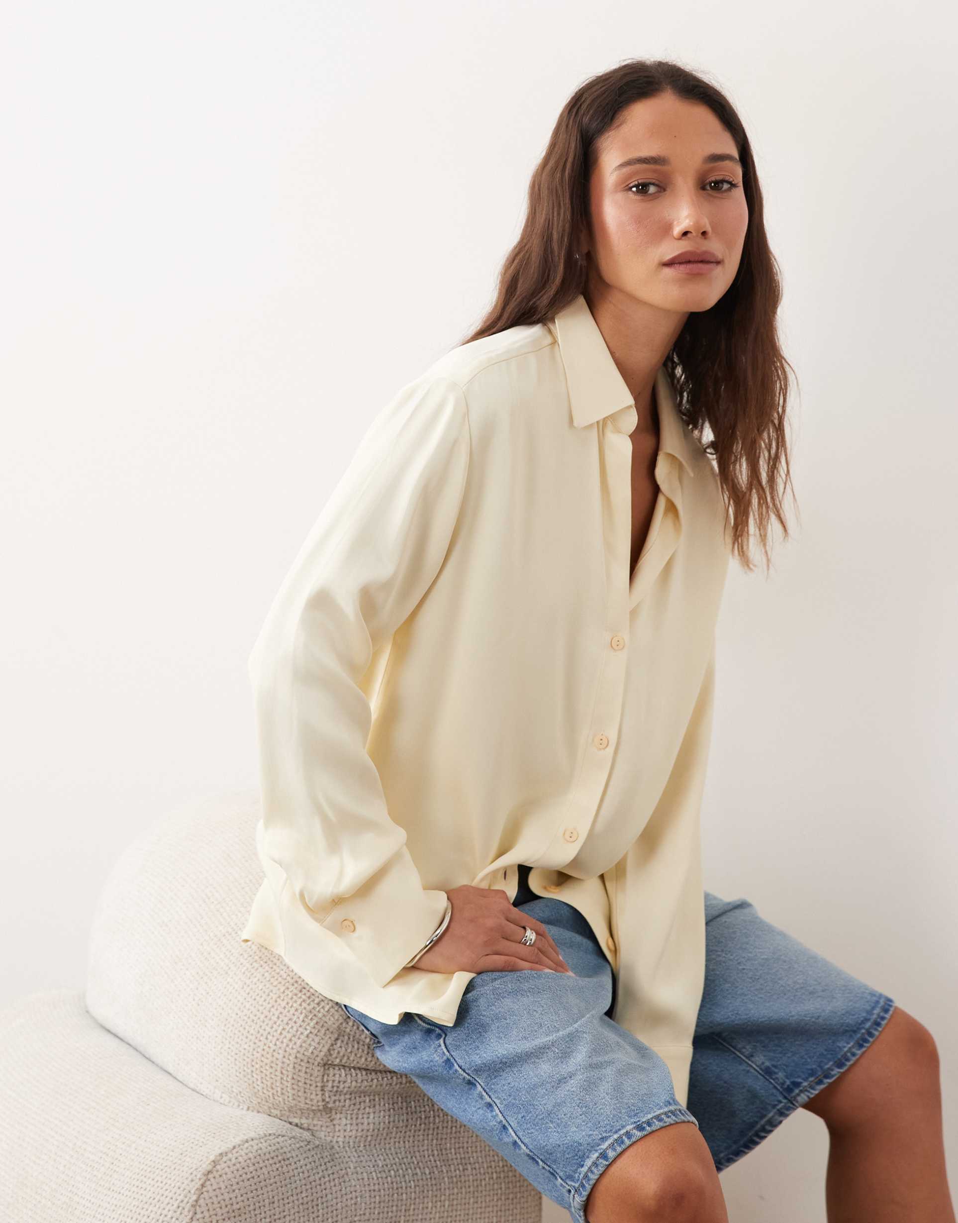 miss selfridge oversized button down satin shirt in buttermilk