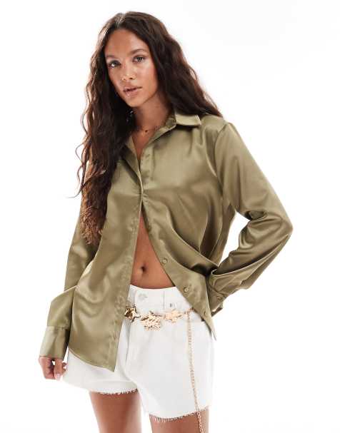 Miss Selfridge oversized button down satin shirt in khaki - view 1