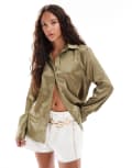 [Miss Selfridge] Miss Selfridge oversized button down satin shirt in khaki-Green 6 KHAKI
