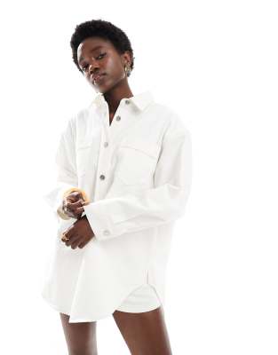 oversized button up mid wash denim shirt dress in ecru wash-White