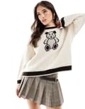 [Miss Selfridge] Miss Selfridge oversized cable knit jacquard teddy bear jumper-White XS CREAM