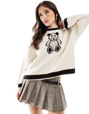 Miss Selfridge Oversized Cable Knit Jacquard Teddy Bear Sweater-white