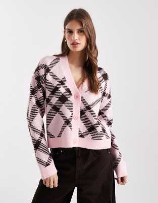 Miss Selfridge Oversized Check Cardigan In Pink