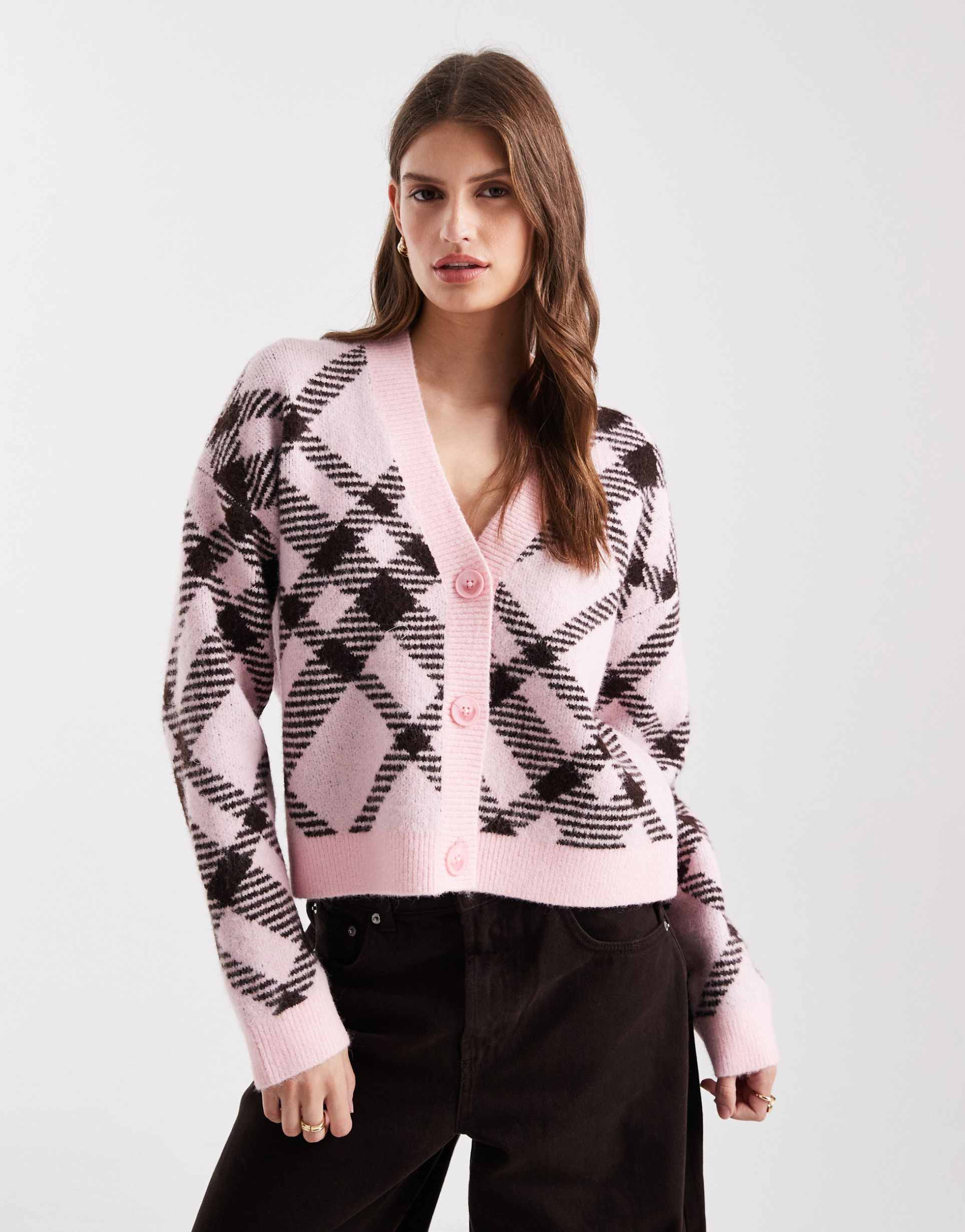miss selfridge oversized check cardigan in soft pink