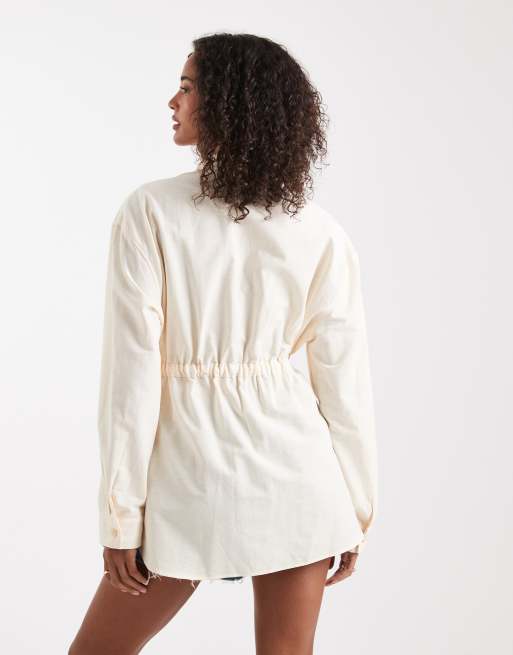 Miss Selfridge oversized cinch waist shirt in buttermilk, 4 of 4