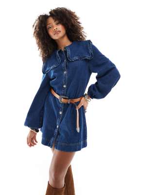 Miss Selfridge Miss Selfridge oversized collar long sleeve denim dress-Blue