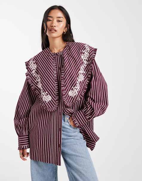 Miss Selfridge oversized collar shirt in purple stripe - view 1