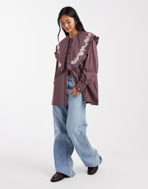Miss Selfridge oversized collar shirt in purple stripe