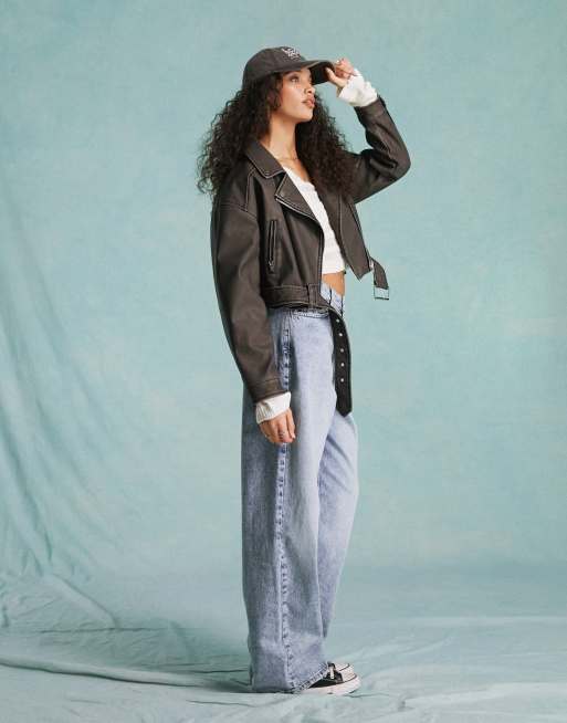 Miss Selfridge - Oversized, cropped bikerjakke i vasket, imiteret læder