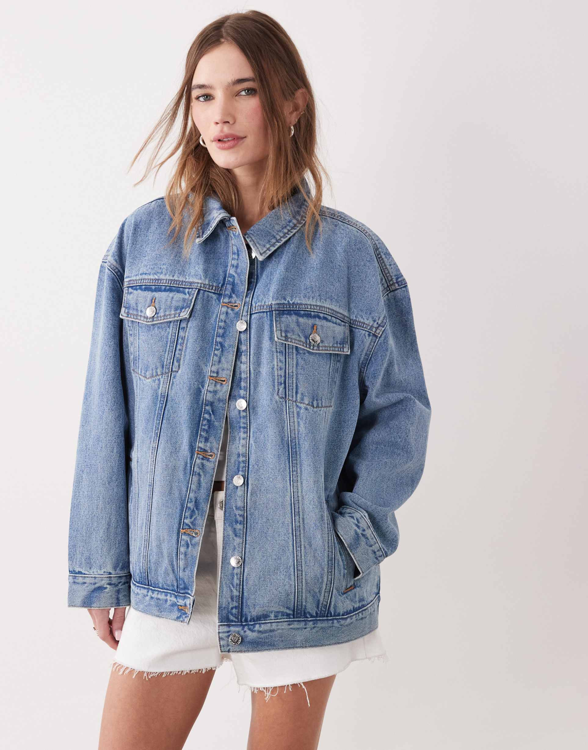 miss selfridge oversized denim jacket in blue wash