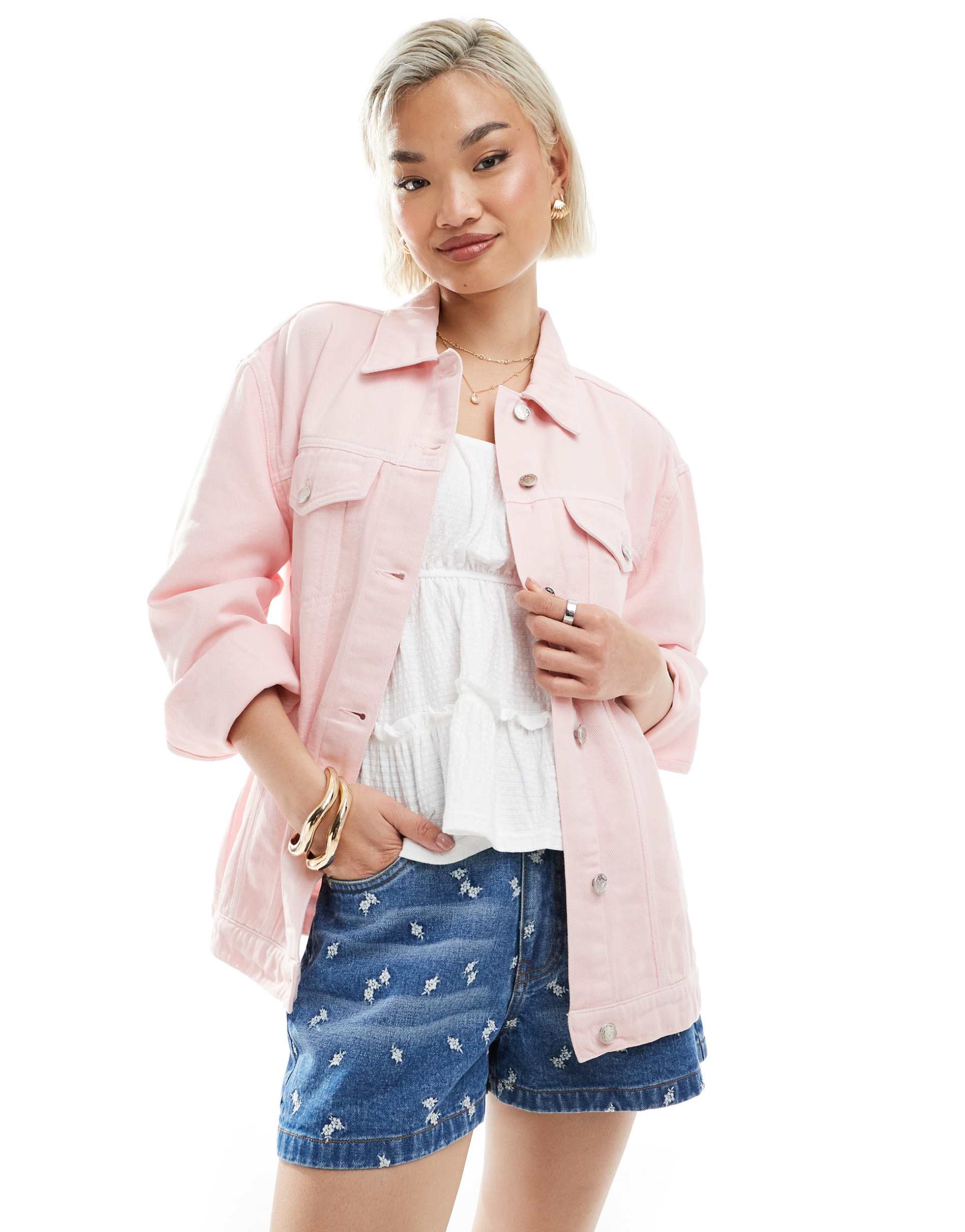 miss selfridge oversized denim jacket in pink wash