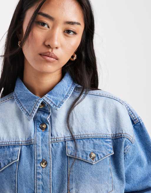 Miss Selfridge - Oversized denim overhemd met kleurverloop en lange mouwen in blauwe wassing , 4 van 4