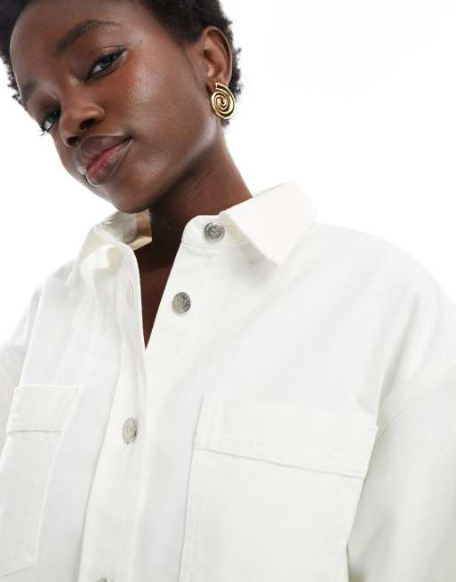 Miss Selfridge - Oversized denim overhemdjurk met knopen in ecru met wassing, 3 van 4