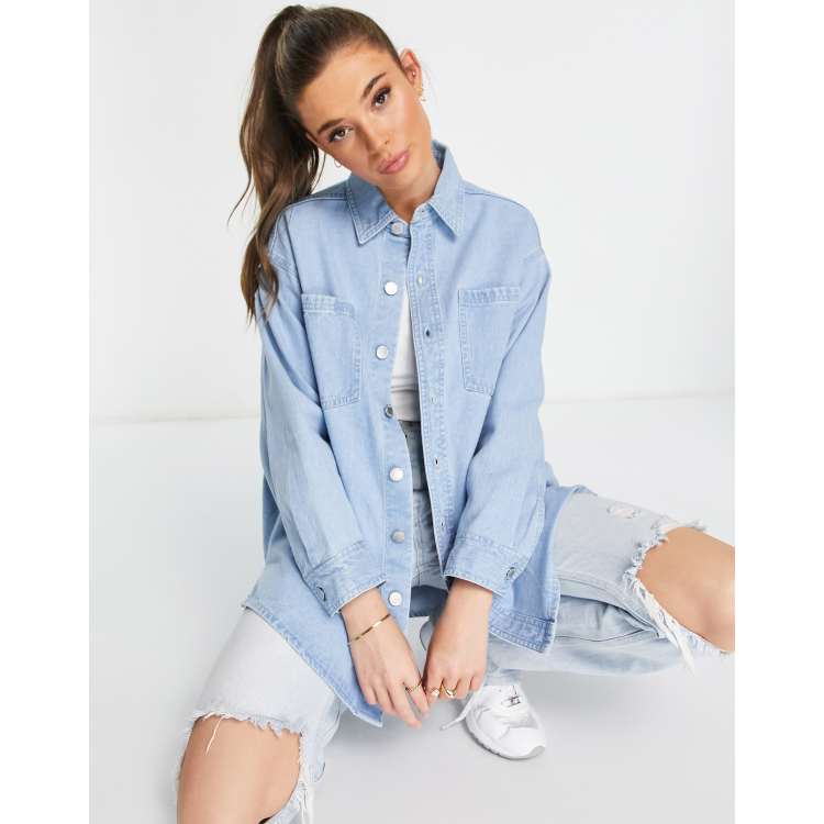 Miss Selfridge oversized denim shirt in mid wash blue