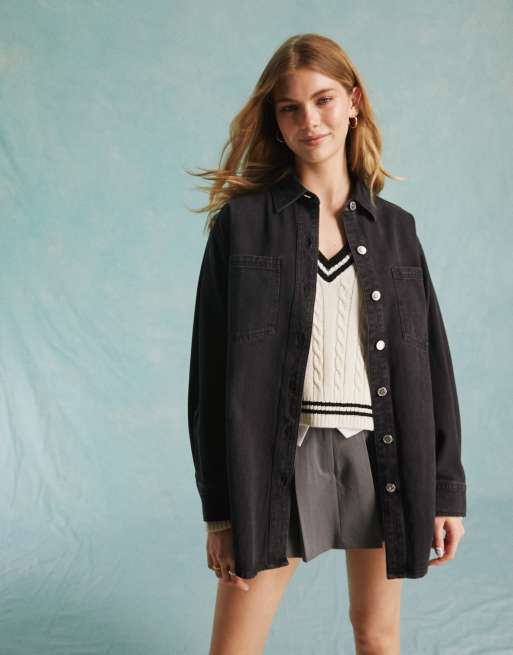 Miss Selfridge - Oversized denimskjorte i sort vask