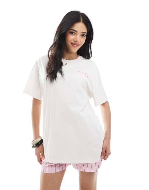 Miss Selfridge oversized dolce vita graphic back print t-shirt in white