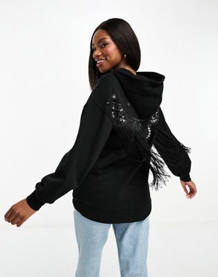 Miss Selfridge oversized embellished hoodie with fringe detail in black - ASOS Price Checker