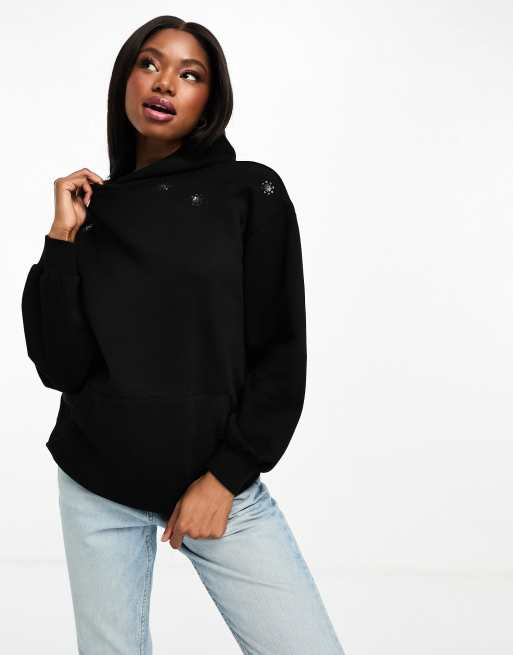 Miss Selfridge oversized embellished hoodie with fringe detail in black