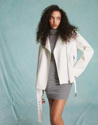 oversized faux leather biker jacket in white