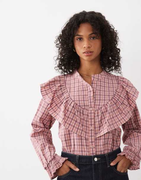 Miss Selfridge oversized frill shirt in check