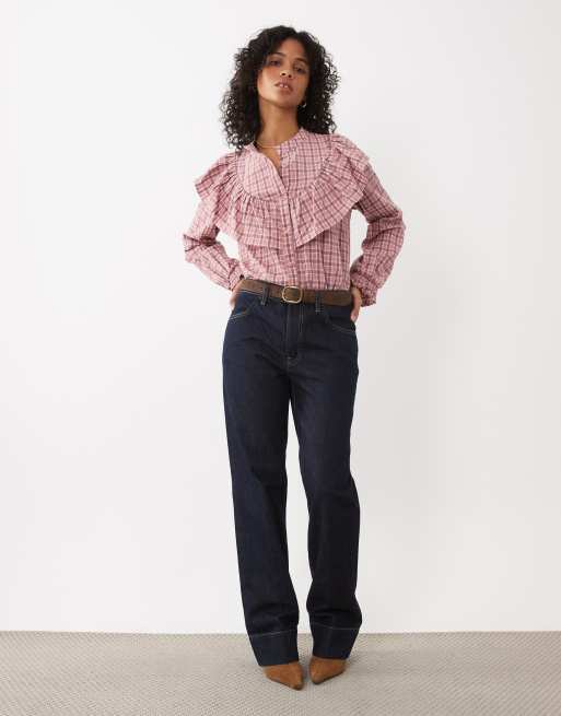 Miss Selfridge oversized frill shirt in check, 2 of 4