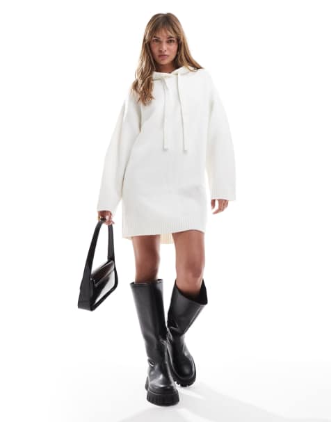 Miss Selfridge - Oversized gebreide mini jurk met capuchon in crème - view 1