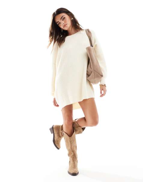 Miss Selfridge - Oversized gebreide mini-jurk met rechte hals in crème - view 1