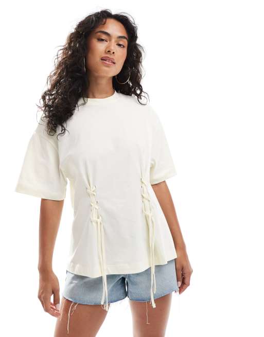 Miss Selfridge - Oversized getailleerd T-shirt met veters in boterkleur