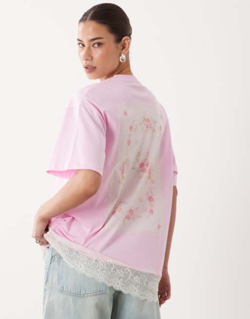 Miss Selfridge oversized graphic t-shirt with lace trim hem in pink, 2 of 4