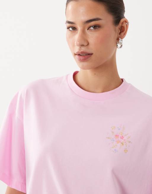 Miss Selfridge oversized graphic t-shirt with lace trim hem in pink, 4 of 4