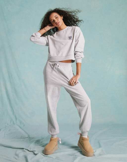 Miss Selfridge oversized graphic trackies in grey marl (part of a set)