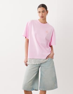 Miss Selfridge Oversized Graphic Tshirt With Lace Trim Hem In Pink