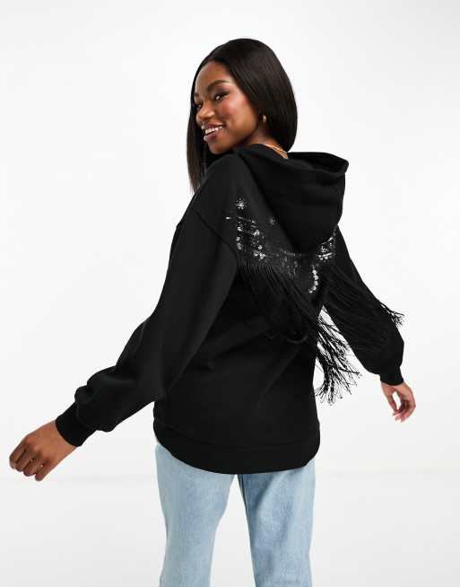 Miss Selfridge – Oversized-Kapuzenpullover in Schwarz mit Fransenverzierung