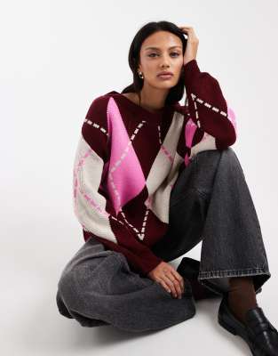 Miss Selfridge Oversized Knit Argyle Sweater In Multi
