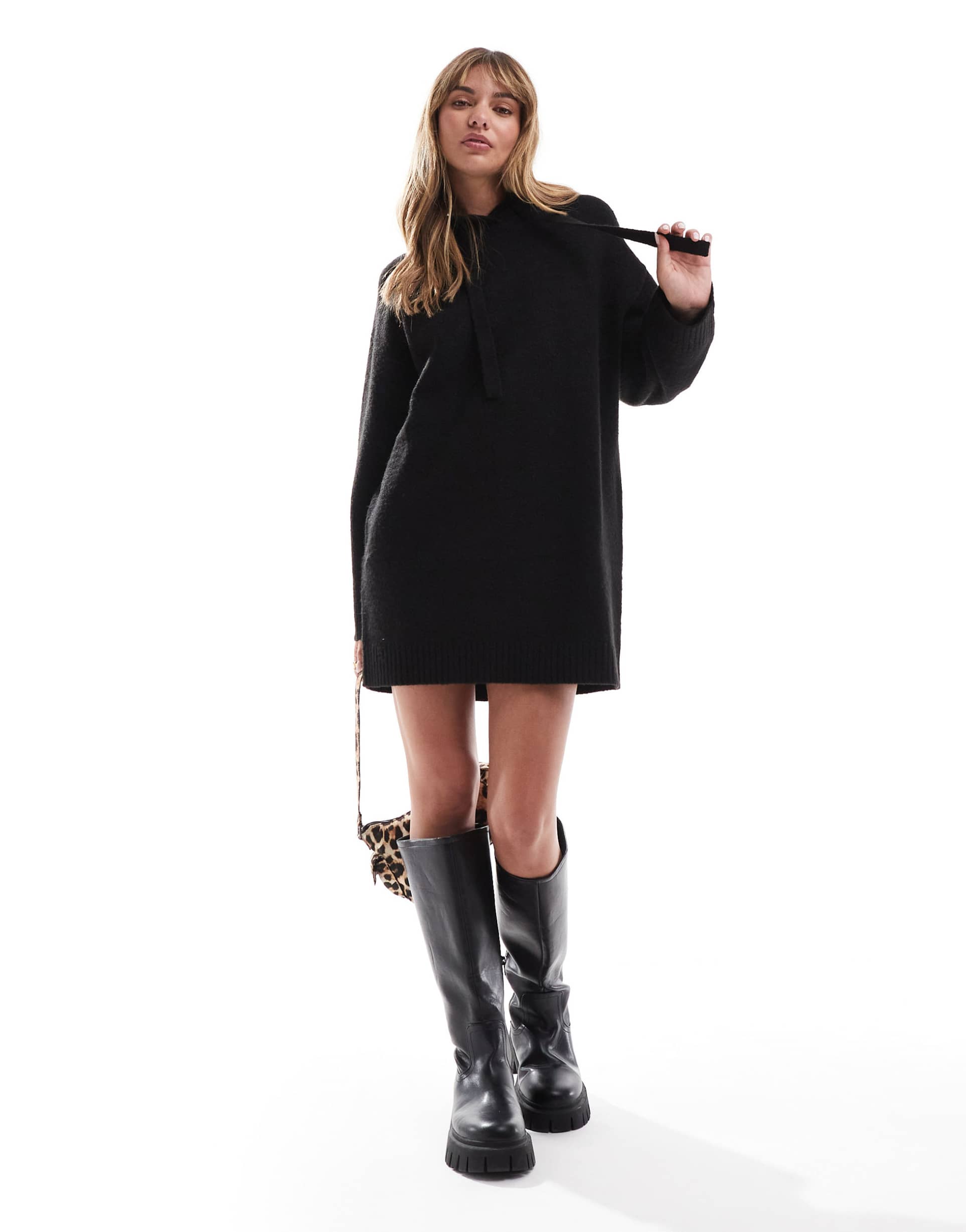 miss selfridge oversized knit hoodie mini dress in black
