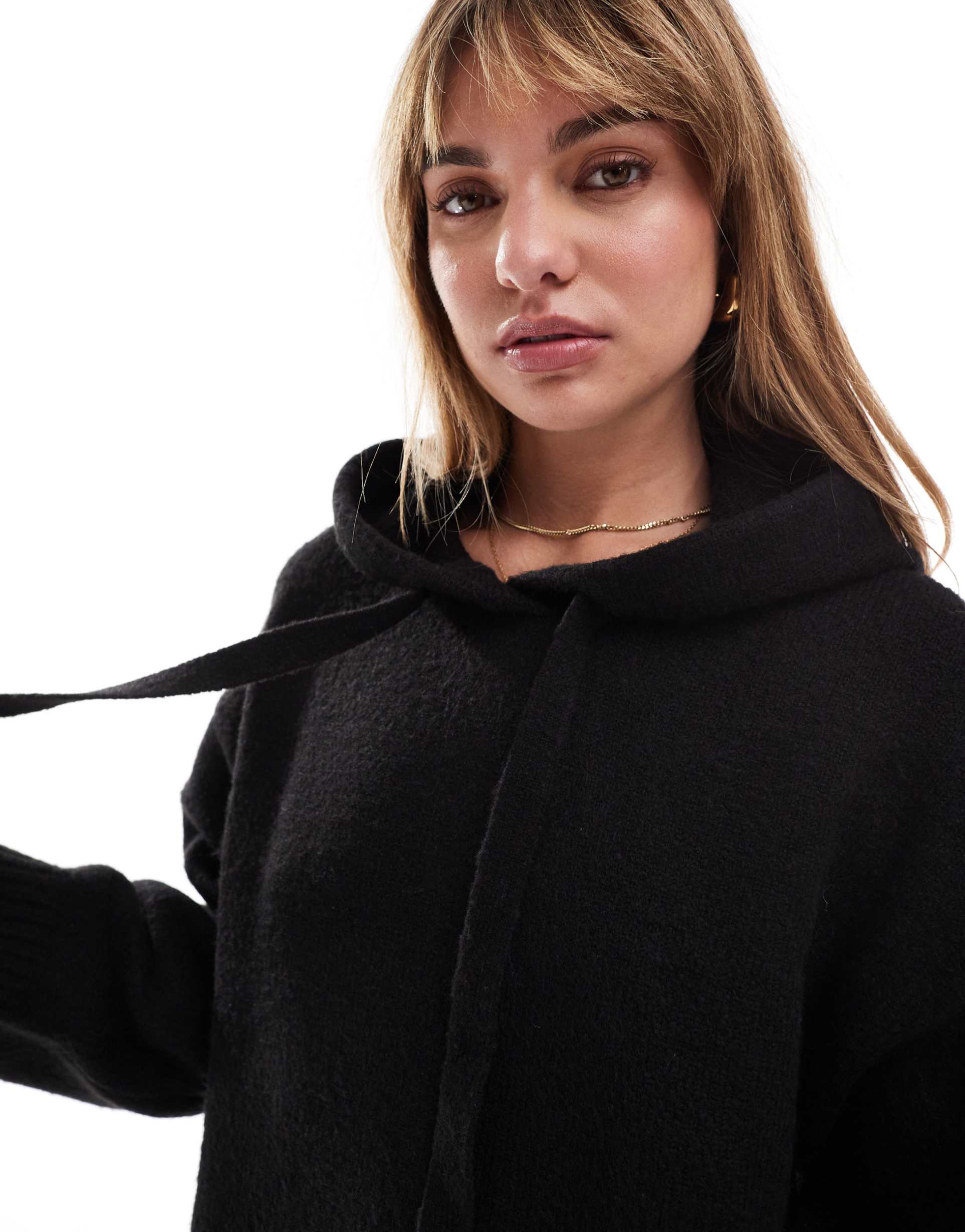 miss selfridge oversized knit hoodie mini dress in black
