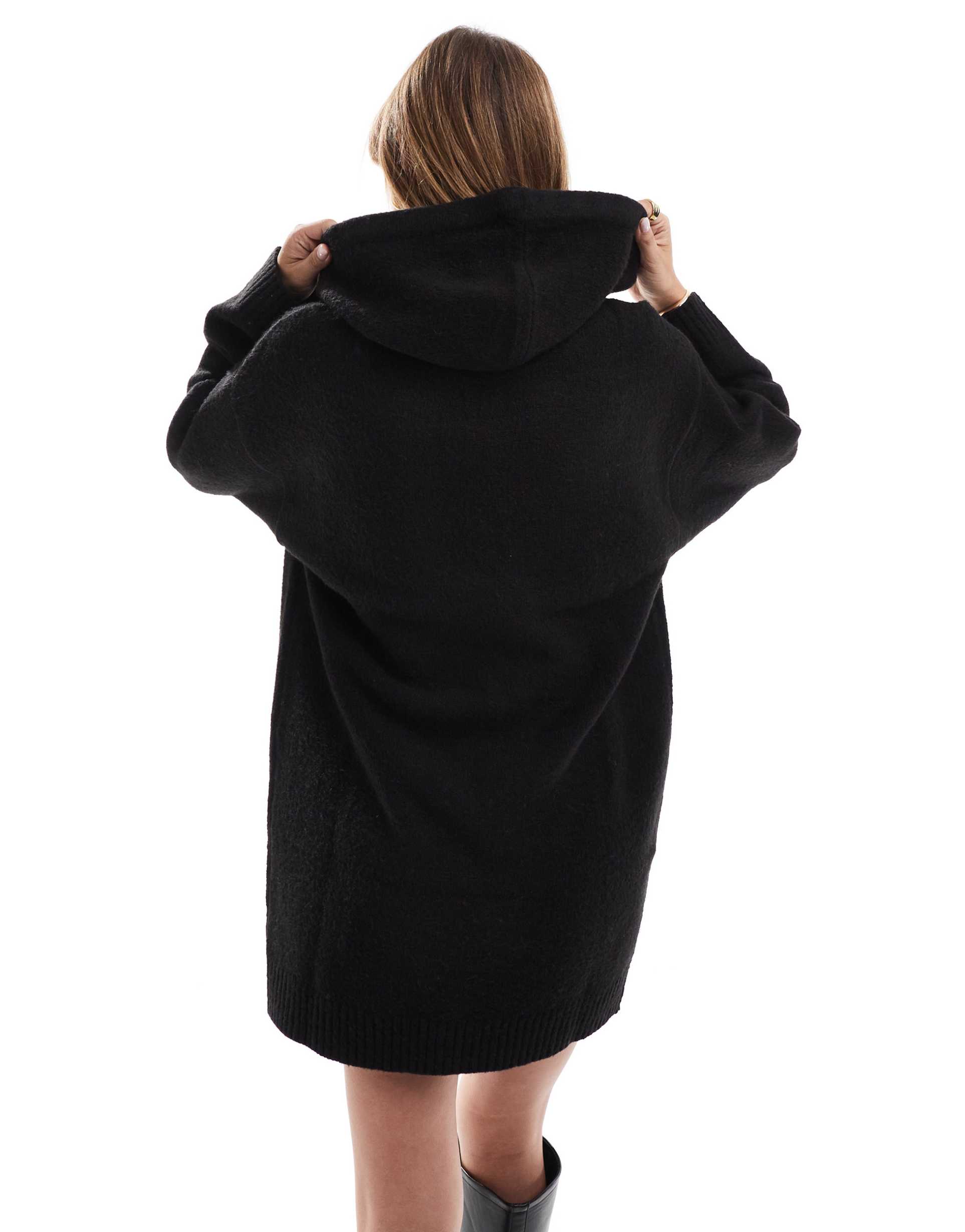 miss selfridge oversized knit hoodie mini dress in black