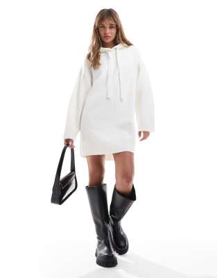 oversized knit hoodie mini dress in cream-White