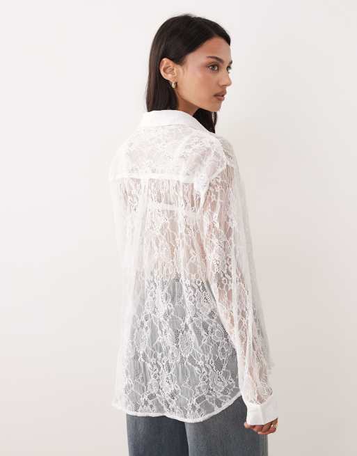 Miss Selfridge oversized lace shirt in white, 2 of 4
