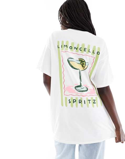 Miss Selfridge oversized limoncello stripe graphic tee in white - view 1