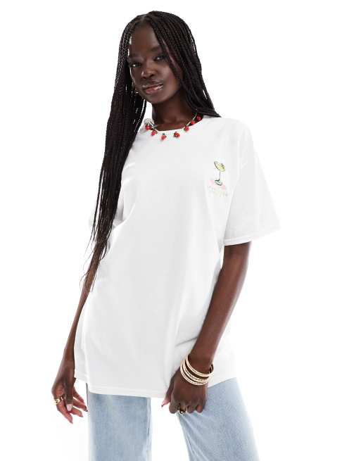Miss Selfridge oversized limoncello stripe graphic tee in white