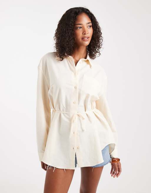 Miss Selfridge oversized linen-look cinch waist shirt in buttermilk