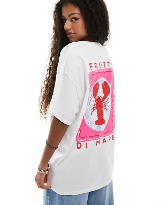Miss Selfridge oversized lobster graphic tee in white